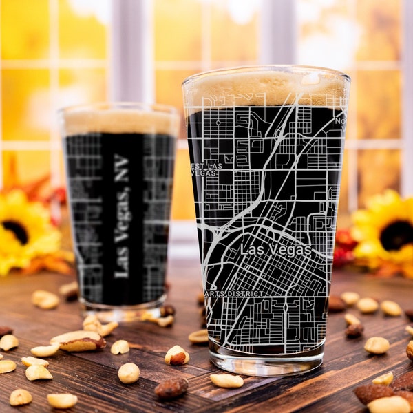 Las Vegas Pint Glass, NV Pint Glass Gift, Engraved City Map Glass, Las Vegas Nevada Gift, Housewarming, Gifts for Him, Home Bar, Fathers Day