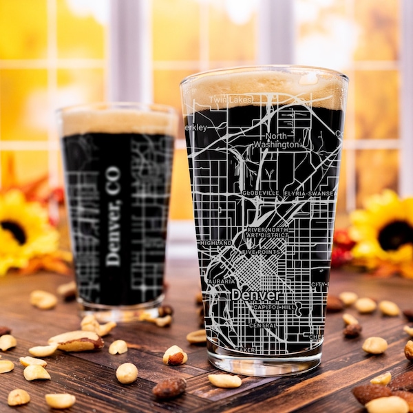 Denver Pint Glass, Denver CO Pint Glass Gift, Engraved City Map Glass, Colorado Gift, Housewarming, Gifts for Him, Home Bar, Fathers Day