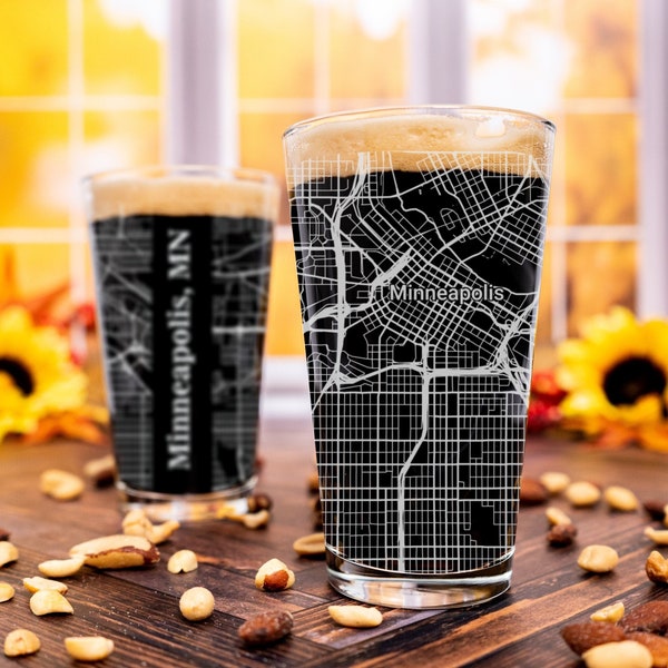 Minneapolis Pint Glass, MN Pint Glass Gift, Engraved City Map Glass, Minnesota Gift, Housewarming, Gifts for Him, Home Bar, Fathers Day