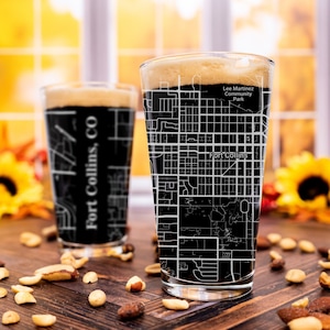 Fort Collins Pint Glass, CO Pint Glass Gift, Engraved City Map Glass, Colorado Gift, Housewarming, Gifts for Him, Home Bar, Fathers Day