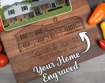 Custom Engraved Photo on Wood Cutting Board, Personalized House Portrait, Housewarming, Closing Gift, New Home Present, Custom Home Gift