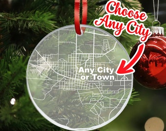 Custom City Map Christmas Ornament, Personalized Acrylic Ornament, Engraved Map of Any Town or City, For Him or Her, Christmas Tree Ornament