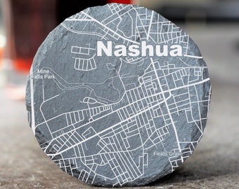 Nashua NH Street Map Coasters , Nashua NH Decor, Housewarming Gift, Nashua NH Gift, Slate Coaster Set, Realtor Closing, New Hampshire Home