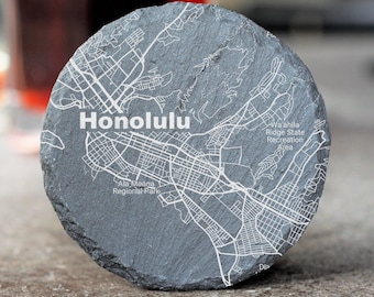 Honolulu HI Coaster, Honolulu Decor, Housewarming, Honolulu Gift, Slate Coaster Set, Realtor Closing, Honolulu Home Gift, Hawaii Home Gift