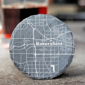 Bakersfield CA Street Coaster, Bakersfield Decor, Housewarming, Bakersfield CA Gift, Slate Coaster Set, Realtor Closing, California Home