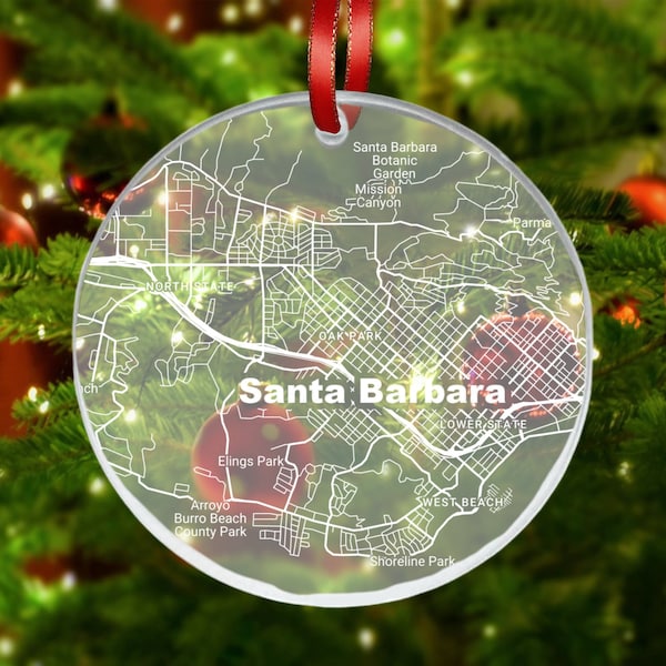 Santa Barbara Map Ornament, Santa Barbara CA Gift, New City, Santa Barbara Christmas Ornament, New Home, Moving Away, Santa Barbara Streets