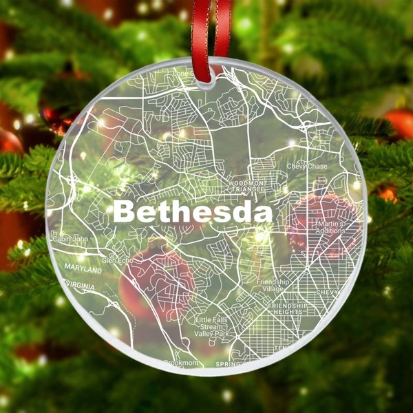 Bethesda MD Street Map Ornament, Bethesda MD Gift, New City, Bethesda MD Christmas Ornament, New Home, Moving Away, Bethesda City Street Map