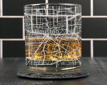 Houston Whiskey Glass, Houston TX Rocks Glass Gift, Engraved City Map Glass, Houston Texas Gift, Housewarming, Gift for Him, Street Map Gift