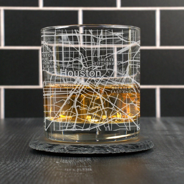 Houston Whiskey Glass, Houston TX Rocks Glass Gift, Engraved City Map Glass, Houston Texas Gift, Housewarming, Gift for Him, Street Map Gift