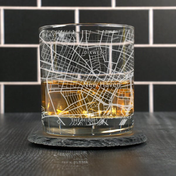 New Haven Whiskey Glass, New Haven CT Rocks Glass Gift, Engraved City Map Glass, New Haven Connecticut Gift, Housewarming, Gifts for Him