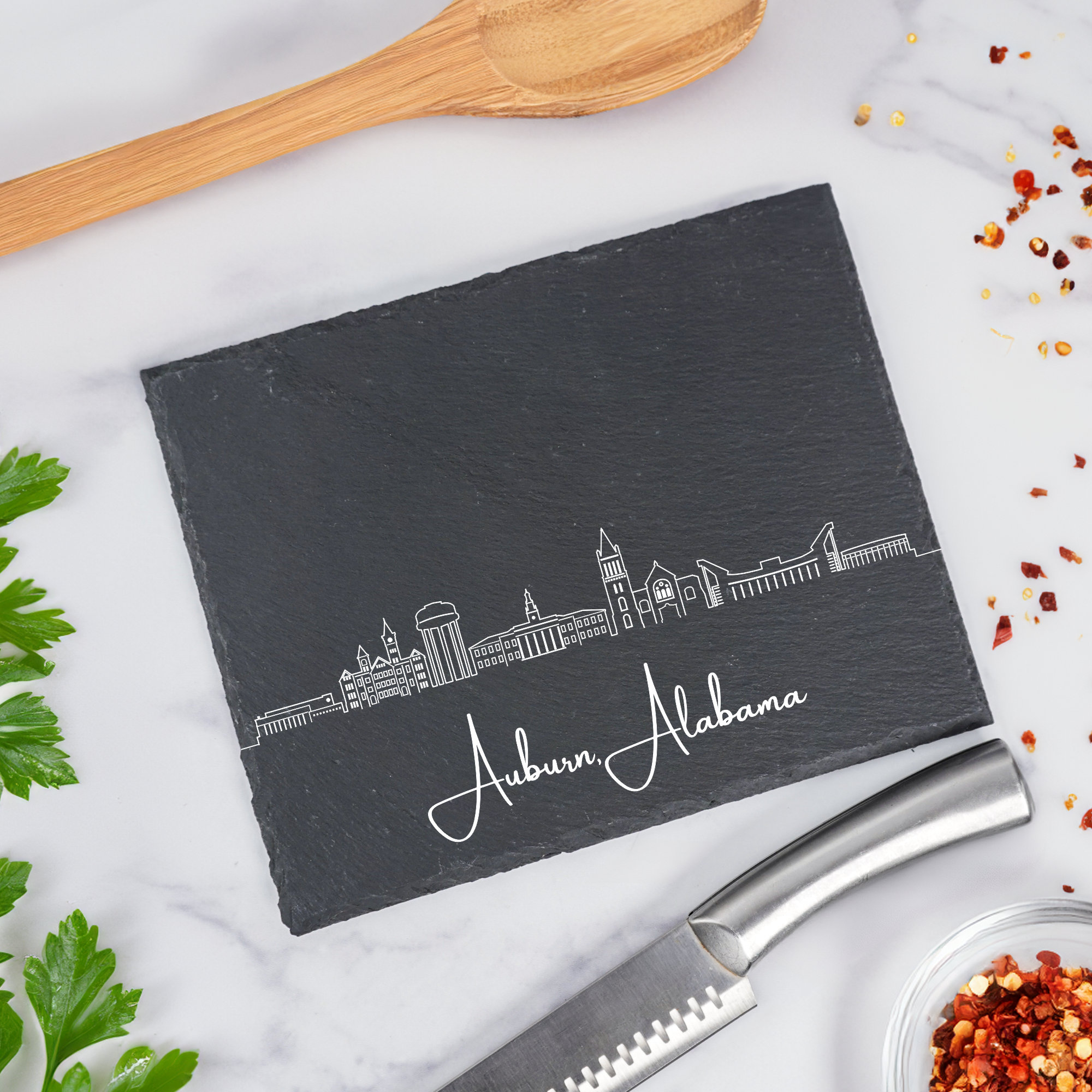 Auburn AL Skyline Trivet, Personalized Housewarming Gift, Slate Trivet Set, Stone Pot Holder, Alabama Kitchen Decor, Custom City Trivet