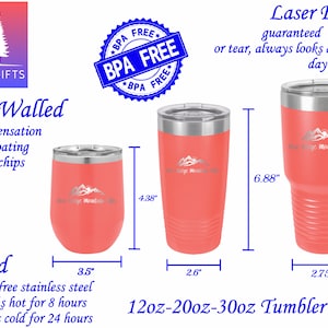 May include: A set of three coral-colored stainless steel tumblers with lids, ranging from 12oz to 30oz. The tumblers are double-walled, vacuum insulated, and BPA-free. The image includes measurements in inches and text that reads "Laser Engraved" and "Hometown Gifts."