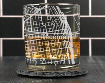 Tacoma Whiskey Glass, Tacoma WA Rocks Glass Gift, Engraved City Map Glass, Tacoma Washington Gift, Housewarming, Gifts for Him
