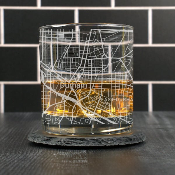 Durham Whiskey Glass, Durham NC Rocks Glass Gift, Engraved City Map Glass, Durham North Carolina Gift, Housewarming, Gifts for Him