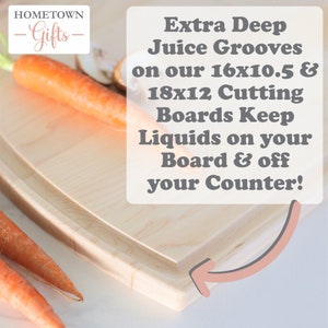 May include: A close-up of a light wood cutting board with extra deep juice grooves. The board is 16x10.5 inches or 18x12 inches. The text on the image reads "Extra Deep Juice Grooves on our 16x10.5 & 18x12 Cutting Boards Keep Liquids on your Board & off your Counter!"