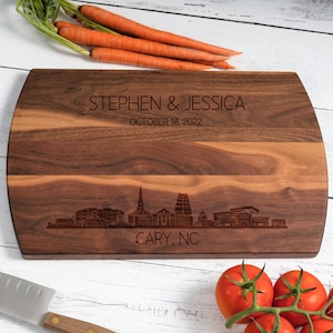 Cary NC Skyline, North Carolina Skyline Cutting Board, Real Estate Closing, Cary Housewarming Gift, Cary NC, Personalized Cheese Board