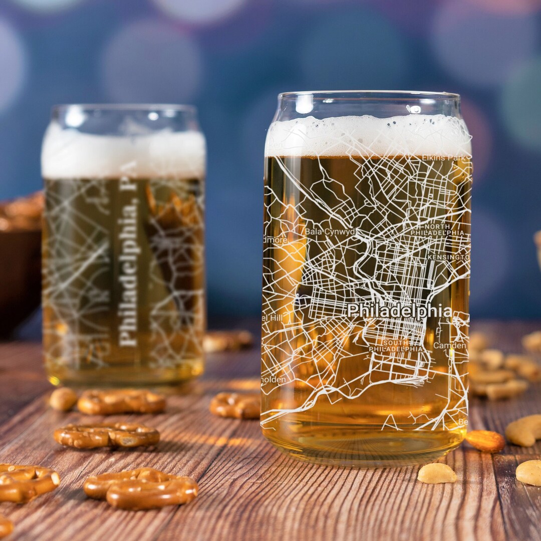 Philadelphia Beer Can Glass, Philadelphia Beer Can Glass Gift, Engraved