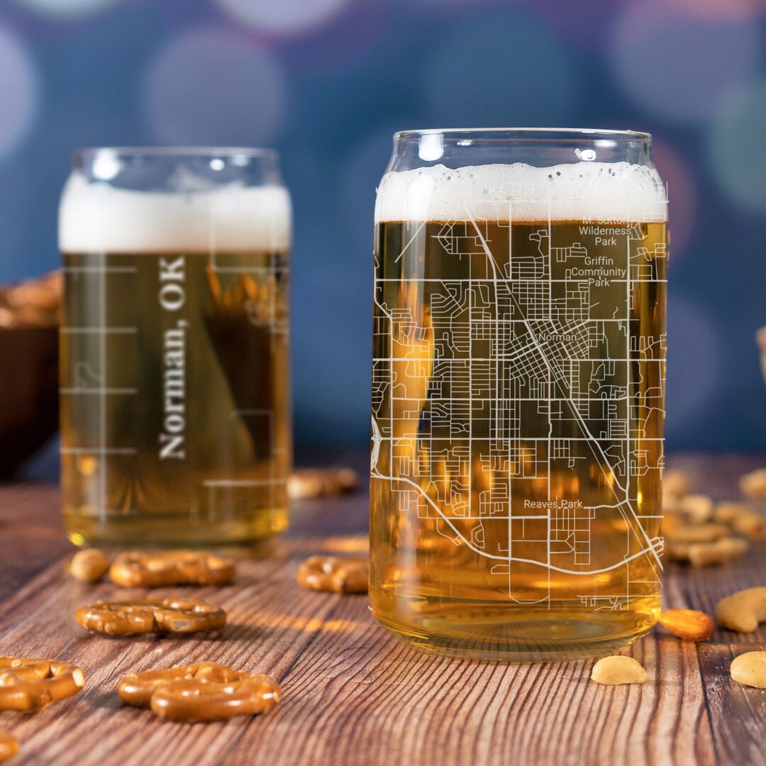Norman Beer Can Glass, Norman OK Beer Can Glass Gift, Engraved City Map