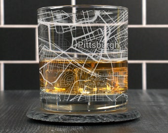 Pittsburgh Whiskey Glass, Pittsburgh PA Rocks Glass Gift, Engraved City Map Glass, Pittsburgh Pennsylvania Gift, Housewarming, Gifts for Him