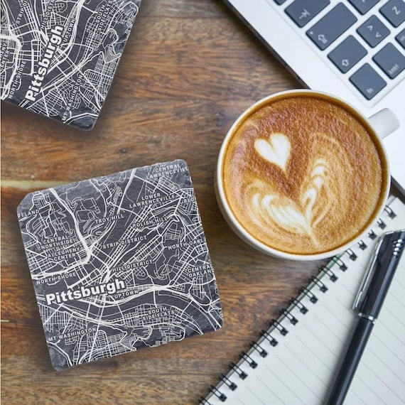 Pittsburgh Housewarming Gift, Printed Slate Coaster, Pittsburgh Decor, Pittsburgh PA Gift, Coaster Set, Real Estate Closing, Pittsburgh Map