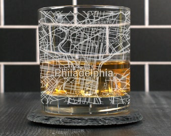 Philadelphia Whiskey Glass, Philadelphia PA Rocks Glass, Engraved City Map Glass, Philadelphia Pennsylvania Gift, Housewarming, Gift for Him