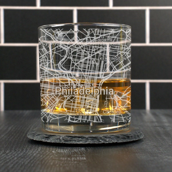 Philadelphia Whiskey Glass, Philadelphia PA Rocks Glass, Engraved City Map Glass, Philadelphia Pennsylvania Gift, Housewarming, Gift for Him