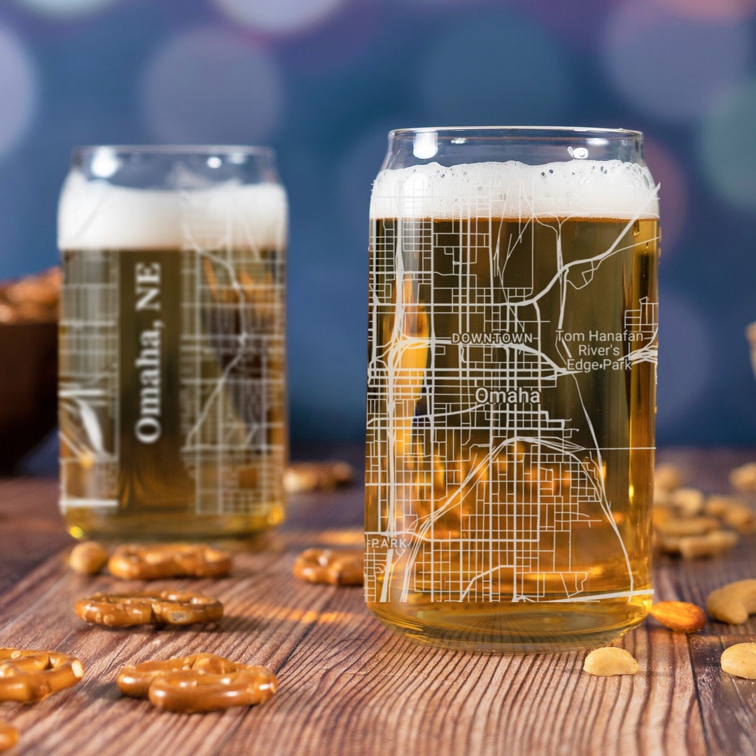 Omaha Beer Can Glass, Omaha NE Beer Can Glass Gift, Engraved City Map