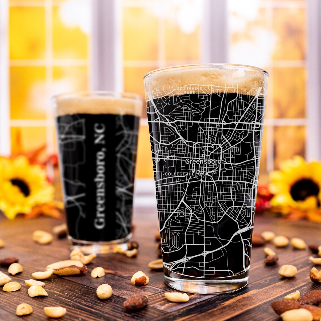 Greensboro Pint Glass, NC Pint Glass Gift, Engraved City Map Glass