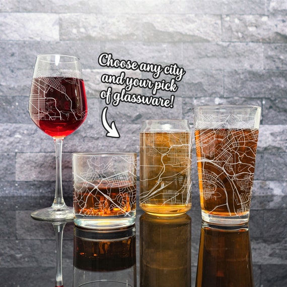 Custom City Map on Pint Glass, Whiskey Glass, Wine Glass, or Beer Can Glass, Engraved or Printed Map of Any Town,  Gift for Him or Her