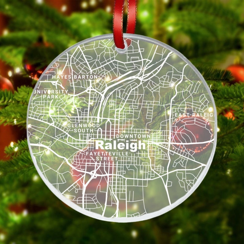 Raleigh Map Ornament, Raleigh NC Gift, New City, Raleigh Christmas Ornament, New Home, Moving Away, Raleigh City Streets, Raleigh Decor image 1