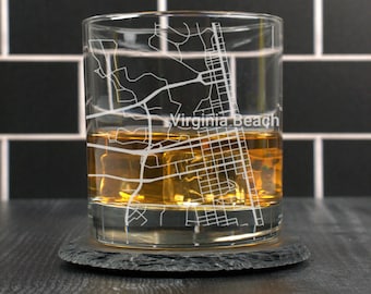 Virginia Beach Whiskey Glass, Virginia Beach Rocks Glass Gift, Engraved City Map Glass, Virginia Beach VA Gift, Housewarming, Gifts for Him
