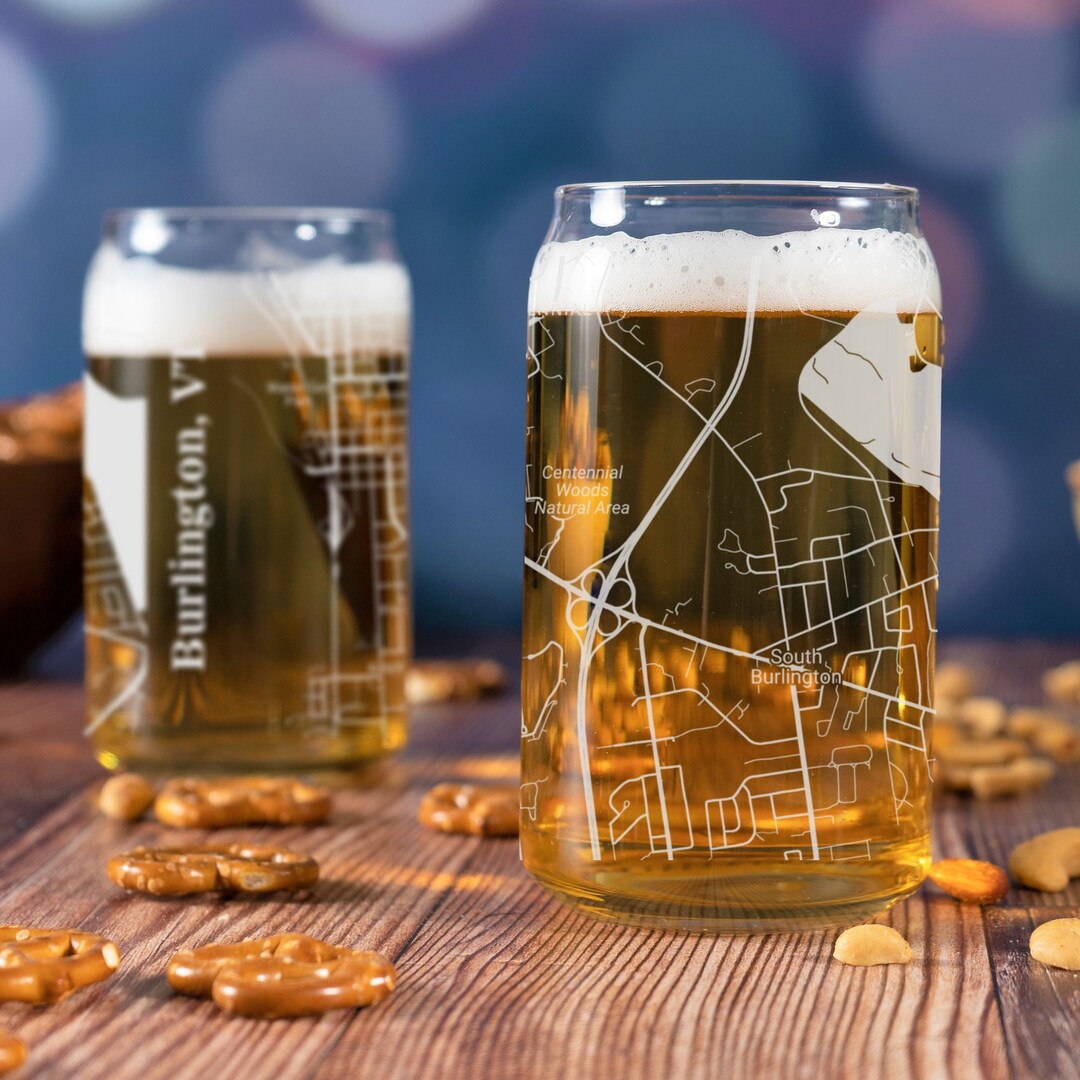 Burlington Beer Can Glass, Burlington VT Beer Can Glass Gift, Engraved