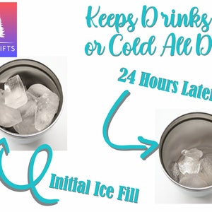 May include: Image demonstrating the effectiveness of a stainless steel tumbler. The text reads "Keeps Drinks Hot, or Cold All Day!" and "24 Hours Later." The tumbler is shown with ice at the beginning and after 24 hours. The Hometown Gifts logo is in the upper left.