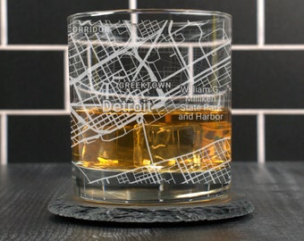 Detroit Whiskey Glass, Detroit MI Rocks Glass, Engraved City Map Glass, Detroit Michigan, Housewarming, Gift for Him, Dad Gift, Street Map