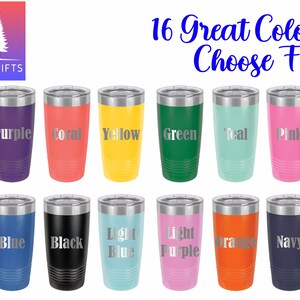 May include: A collection of sixteen insulated tumblers in various colors, including grey, purple, coral, yellow, green, teal, pink, red, maroon, blue, black, light blue, light purple, orange, navy, and white. Each tumbler has a silver lid and the color name printed on the front.