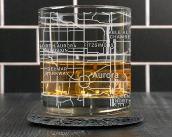 Aurora Whiskey Glass, Aurora CO Rocks Glass Gift, Engraved City Map Glass, Aurora Colorado Gift, Housewarming, Gifts for Him, Street Map