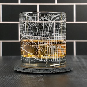 Raleigh Whiskey Glass, Raleigh NC Rocks Glass, Engraved City Map Glass, Raleigh North Carolina Gift, Housewarming, Gifts for Him, Street Map