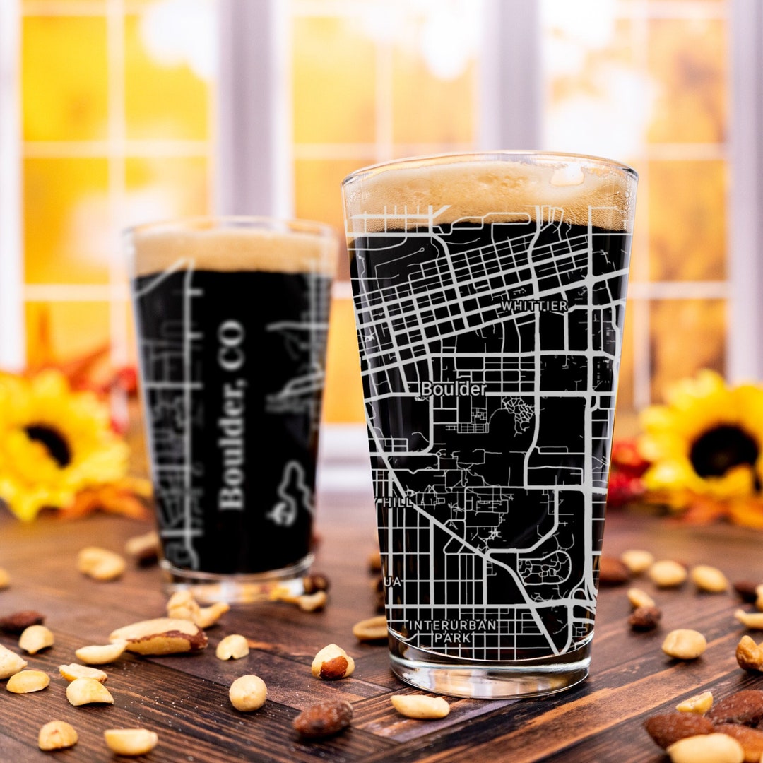 Boulder Pint Glass, Boulder CO Pint Glass Gift, Engraved City Map Glass