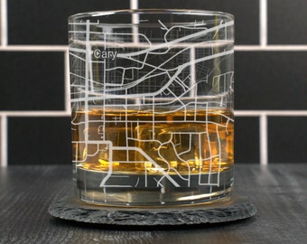 Cary NC Whiskey Glass, Cary North Carolina Rocks Glass, Engraved City Map Glass, North Carolina, Housewarming, Gift for Him, Dad Scotch Gift