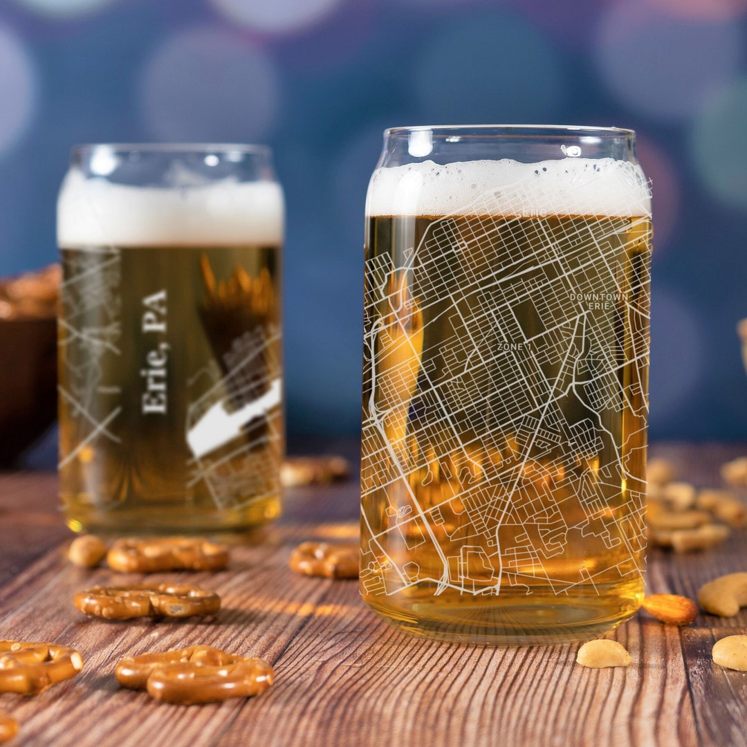 Erie Beer Can Glass, Erie PA Beer Can Glass Gift, Engraved City Map