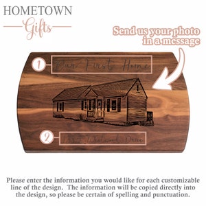 May include: A personalized wooden cutting board with a house illustration and the text "Our First Home" and "1385 Westwood Drive".