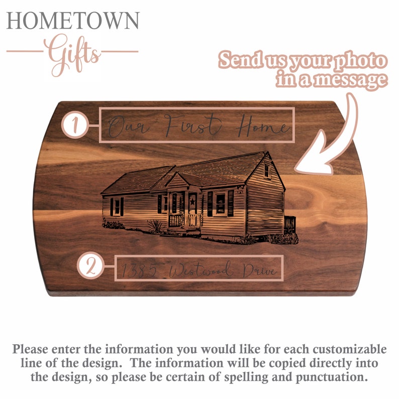 May include: A personalized wooden cutting board with a house illustration and the text "Our First Home" and "1385 Westwood Drive".