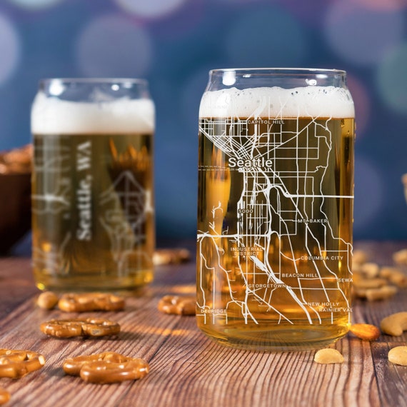 Seattle Beer Can Glass, Seattle WA Beer Can Glass Gift, Engraved City Map Glass, Seattle Washington Gift, Housewarming, Gifts for Him