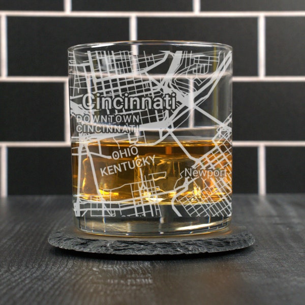 Cincinnati Whiskey Glass, Cincinnati OH Rocks Glass Gift, Engraved City Map Glass, Cincinnati Ohio Gift, Housewarming, Gifts for Him