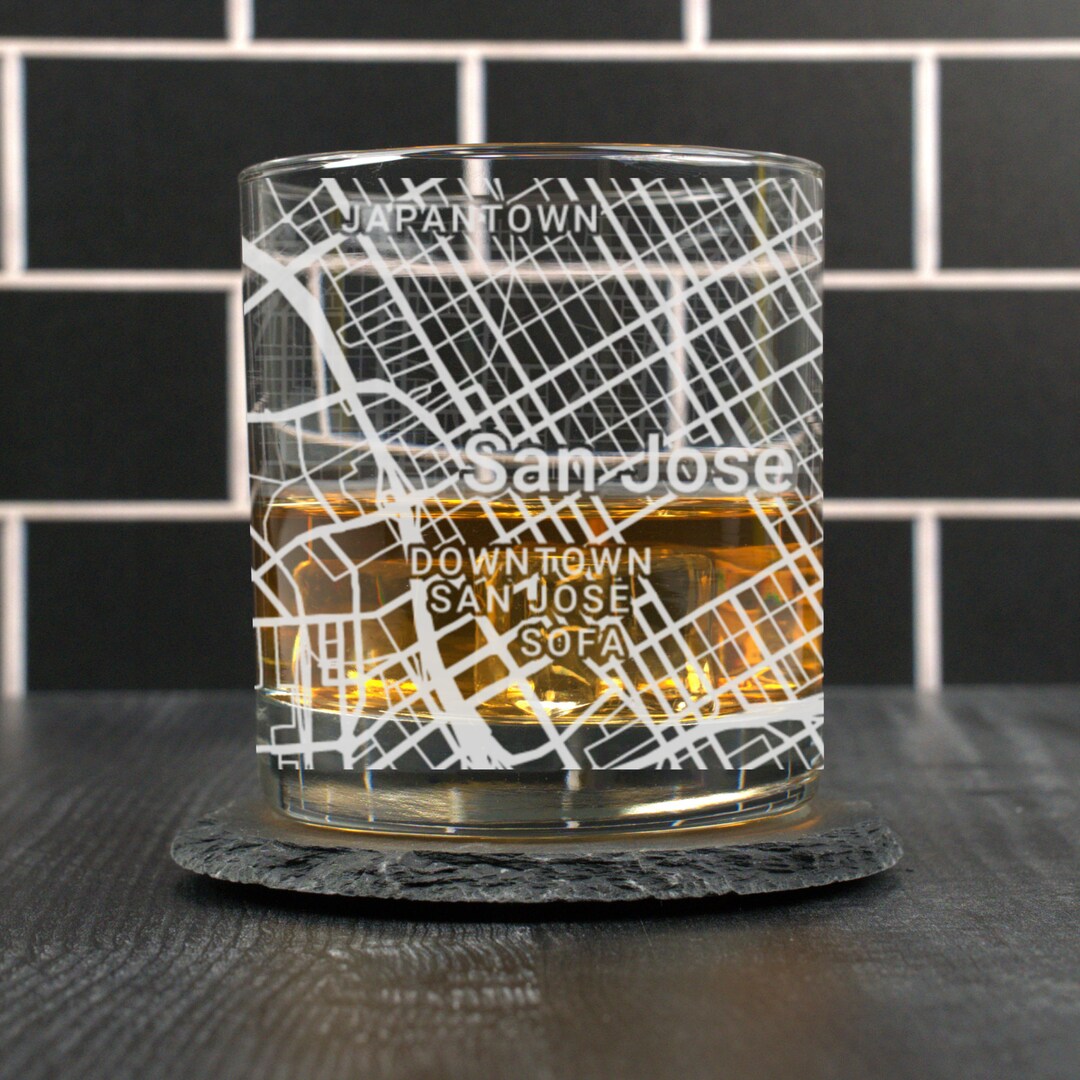 San Jose Whiskey Glass, San Jose CA Rocks Glass, Engraved City Map, San