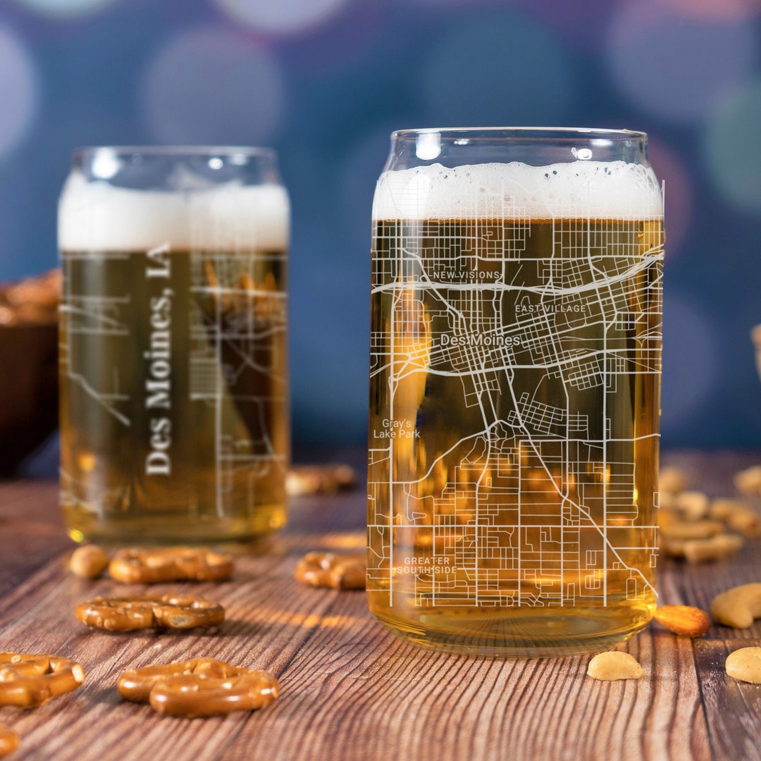 Des Moines Beer Can Glass, Des Moines IA Beer Can Glass Gift, Engraved
