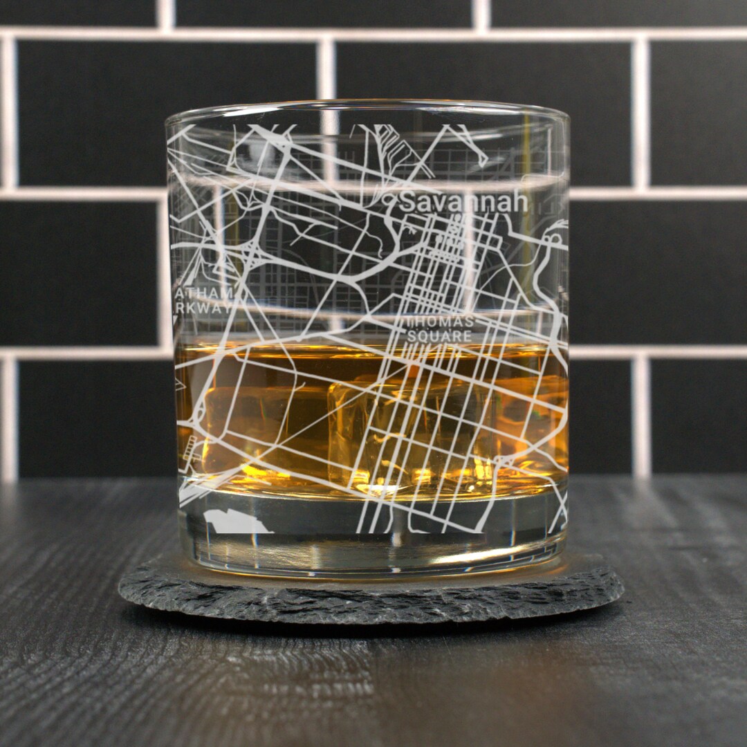 Savannah Whiskey Glass, Savannah GA Rocks Glass, Engraved City Map