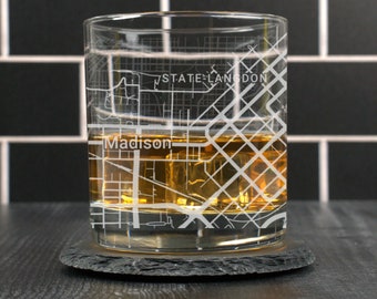 Madison Whiskey Glass, Madison WI Rocks Glass, Engraved City Map Glass, Madison Wisconsin, Housewarming, Gift for Him, Dad Gift, Street Map