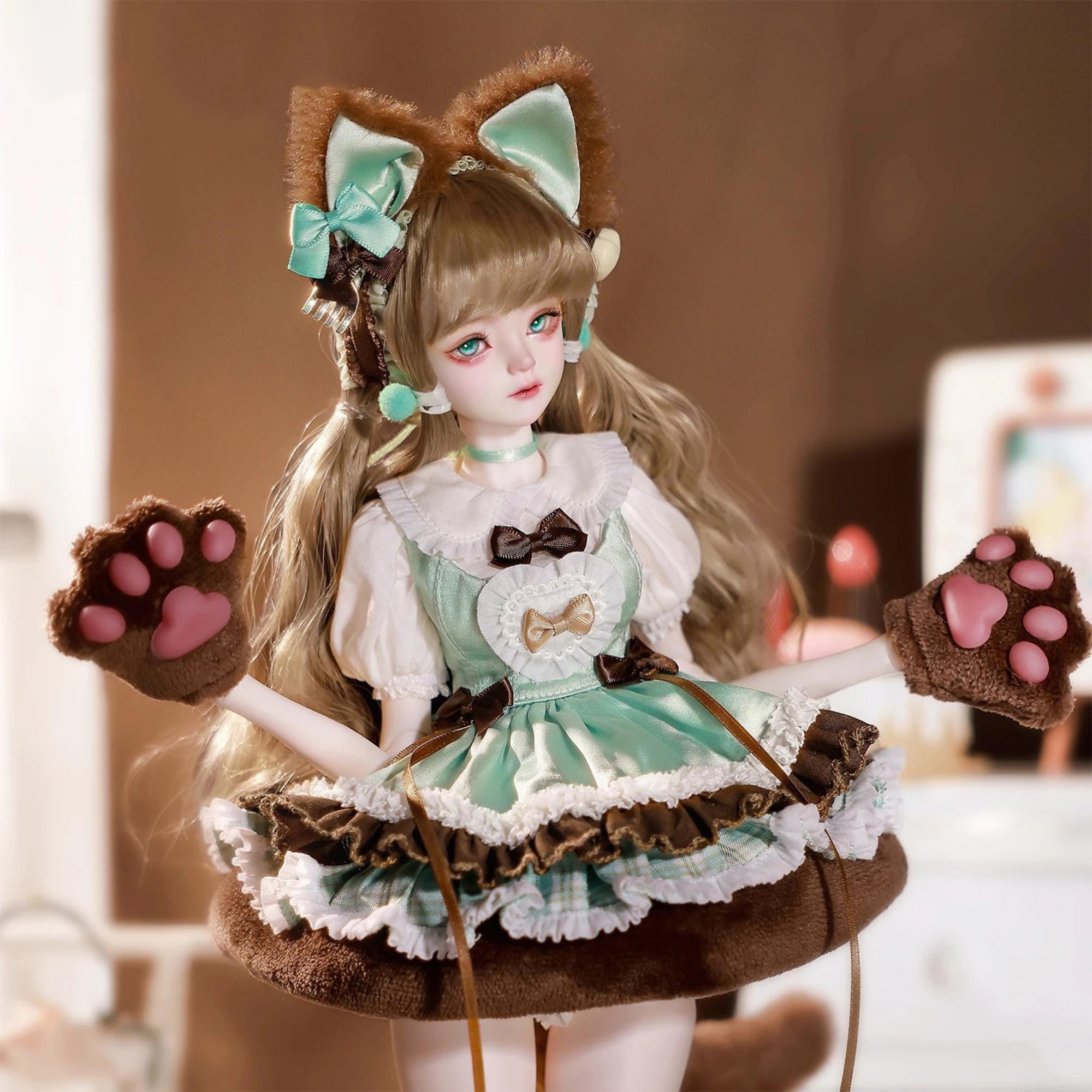 Mint Chocolate Kitten BJD Doll, Lolita Posable Art Doll 1/4 Full
