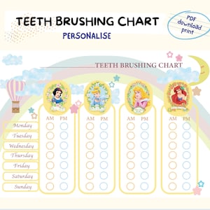 Teeth Putztabelle, druckbare Prinzessin Poster A4, für Kinder & Kleinkinder, Zahnpflege, Personalisieren Waschzeit, Kinder Zahngesundheit